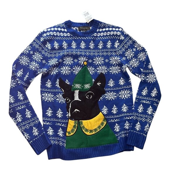 33 Degrees Men Blue Ugly Christmas Sweater Elf Dog Boston Terrier Size S NWT - Picture 1 of 5